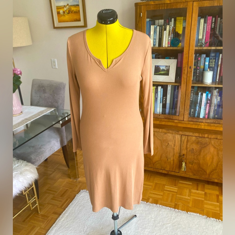 Beige/Caramel Split V-neck Everyday Dress—Hudson North